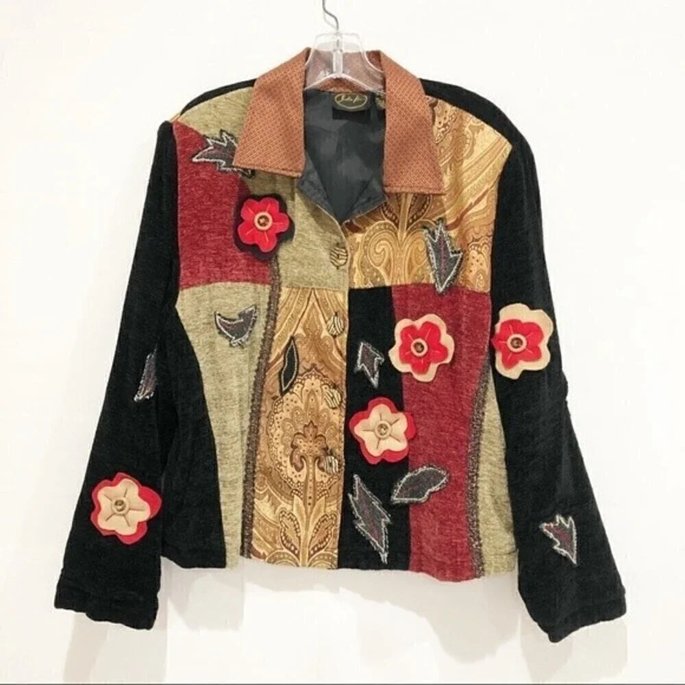 JULIA KIM Velvet‎ Patched Jacket  L - Picture 2 of 8